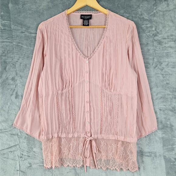 Womens Top XL Pink Boho Feminine Floral Lace Dainty‎ Romantic Coquette Pleated - Picture 1 of 6